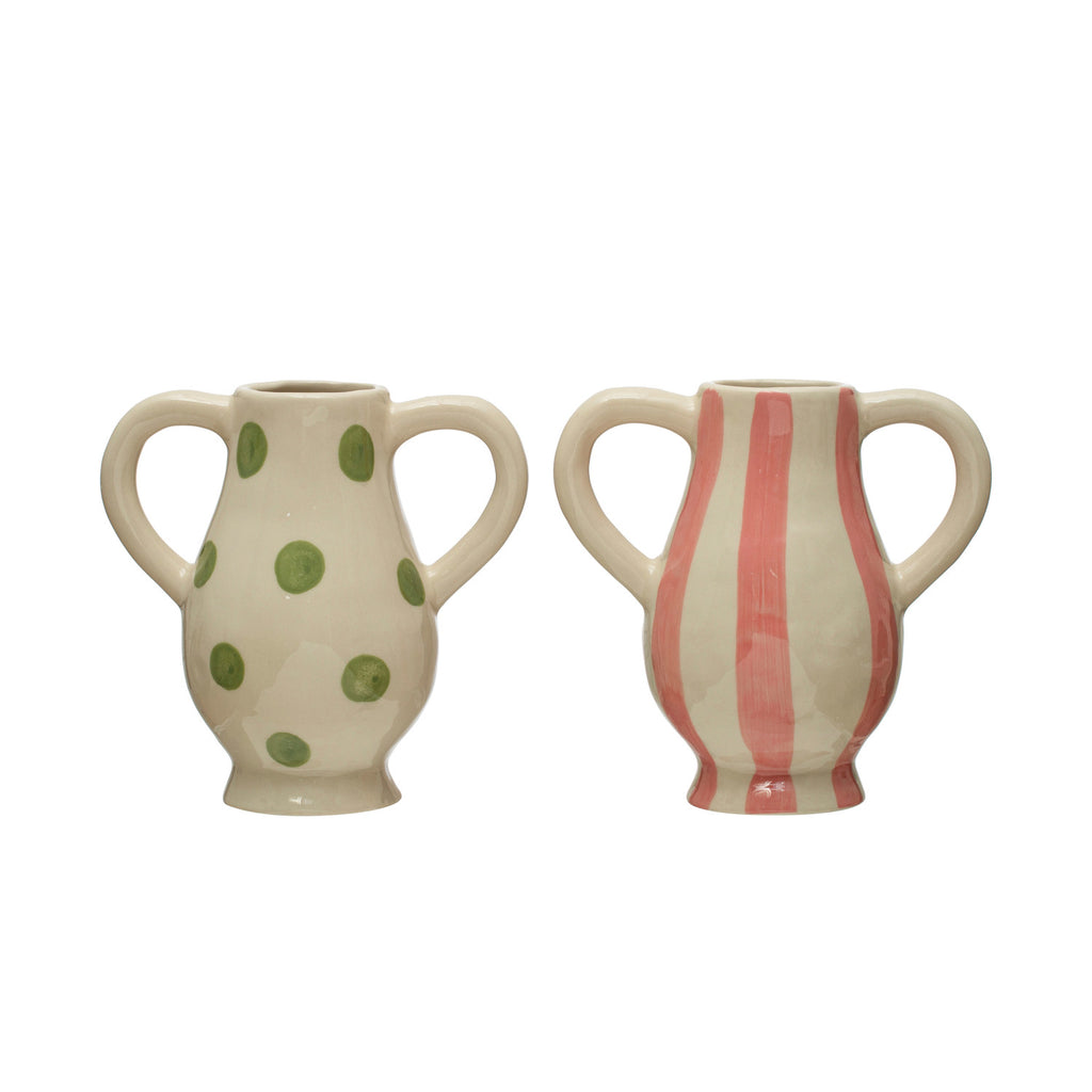 Pink Stripe and Green Polka Dot Hand-Painted Stoneware Vases with Handles on white background