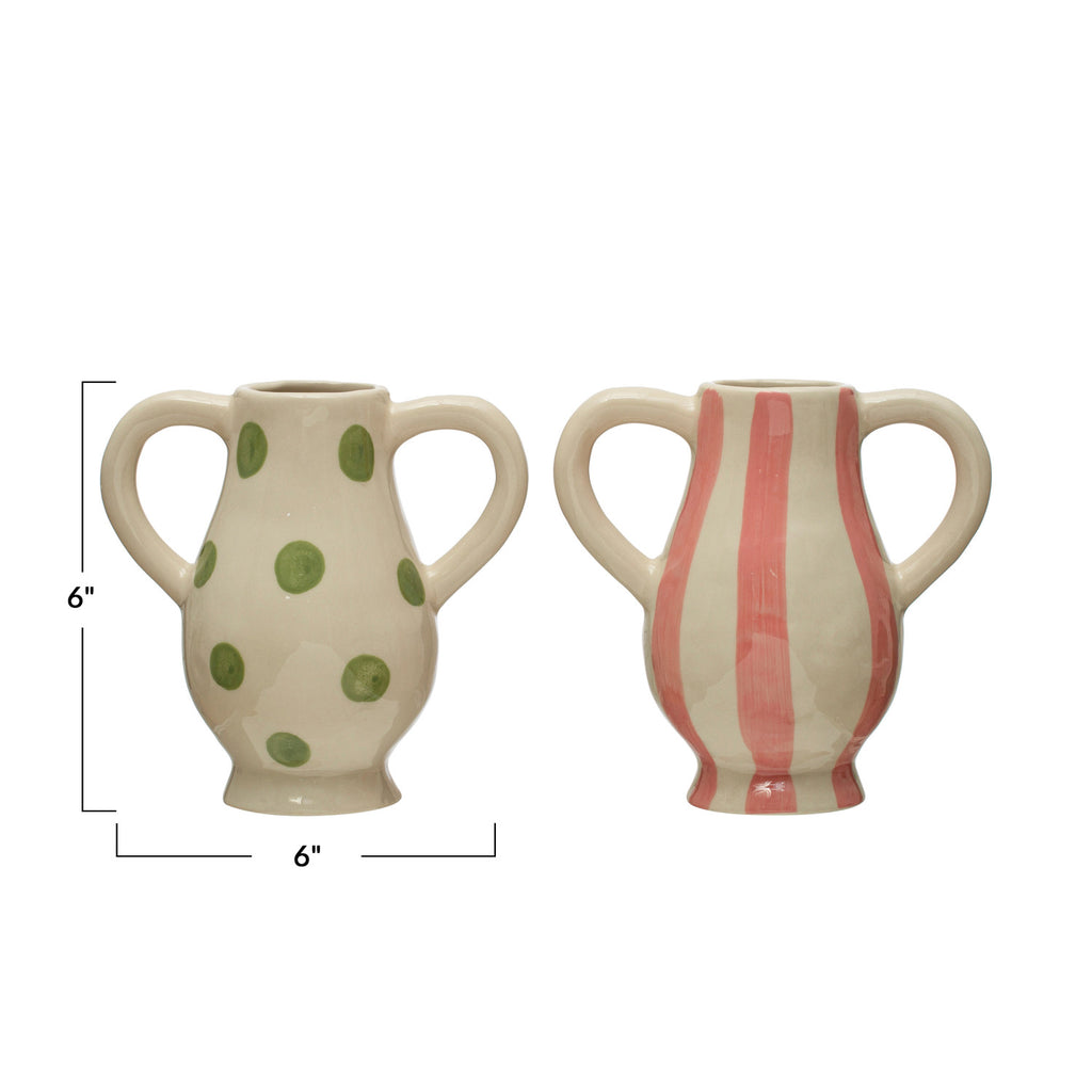 Pink Stripe and Green Polka Dot Hand-Painted Stoneware Vases with Handles with 6inx 6in dimensions