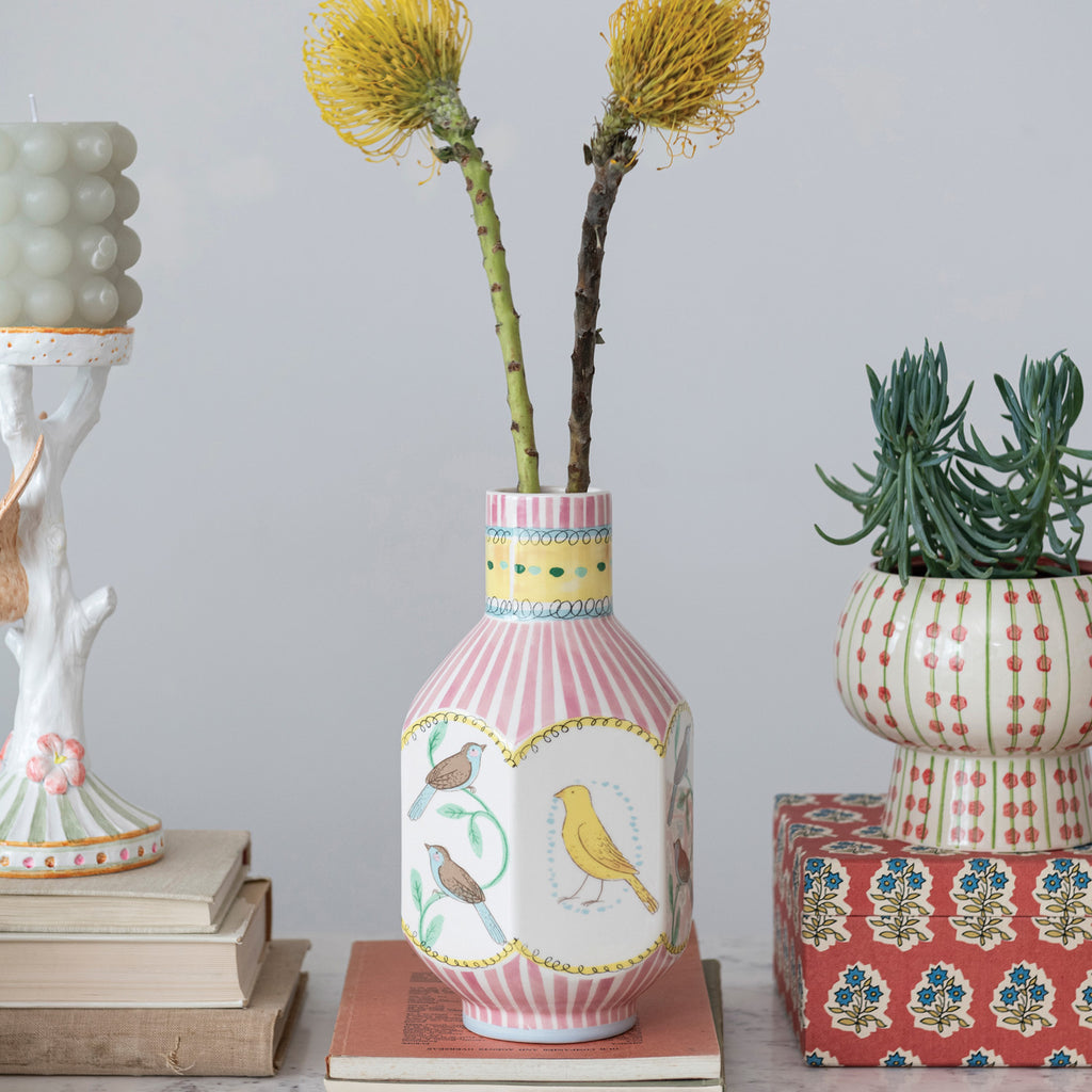 Hexagonal Ceramic Vase with Birds