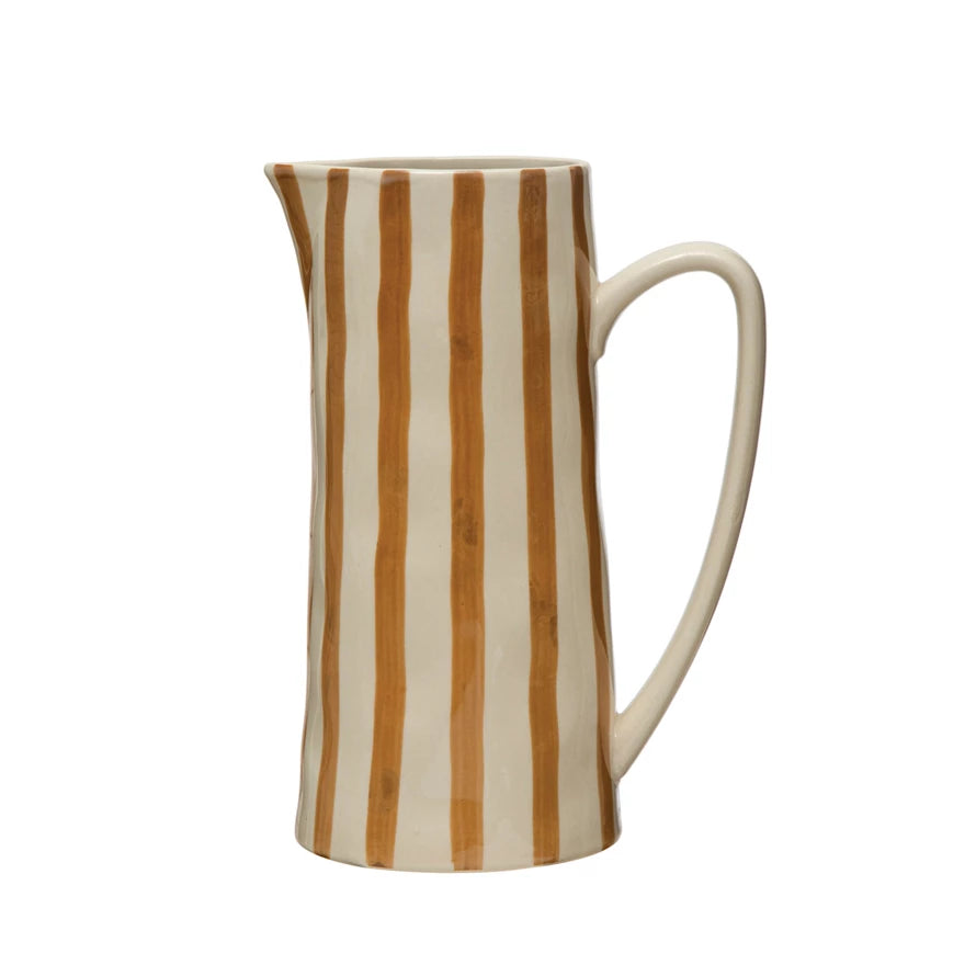 42 oz. Hand-Painted Stoneware Pitcher w/ Stripes, White & Brown